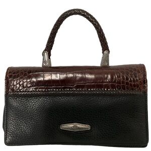 Brighton Gina Organizer Wallet; Black Brown Croc-Embossed Leather Handle Clutch